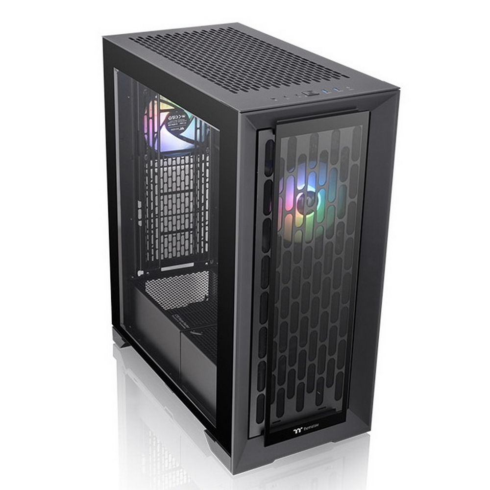 Thermaltake CTE T500 TG ARGB — вид спереди-сбоку с прозрачной боковой панелью и ARGB-подсветкой