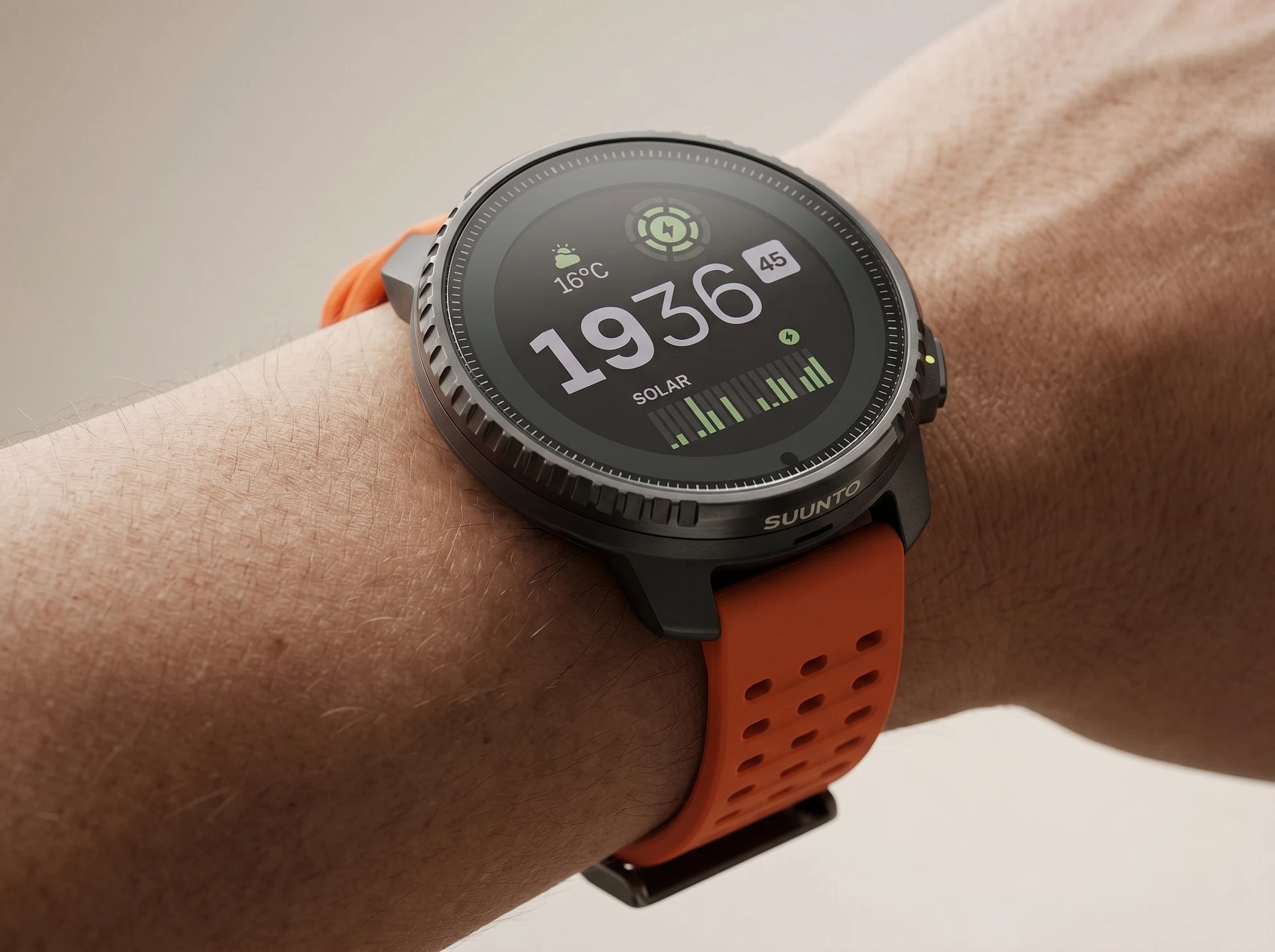 Suunto Vertical Solar Canyon Canyon — вид в интерьере, чёрный корпус и оранжевый ремешок