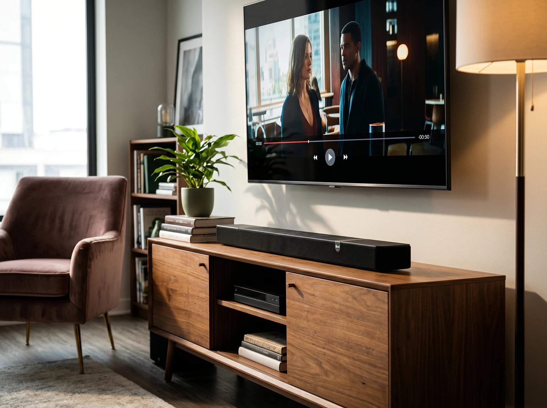 Klipsch Flexus Core 200 Black в интерьере гостиной — саундбар под телевизором