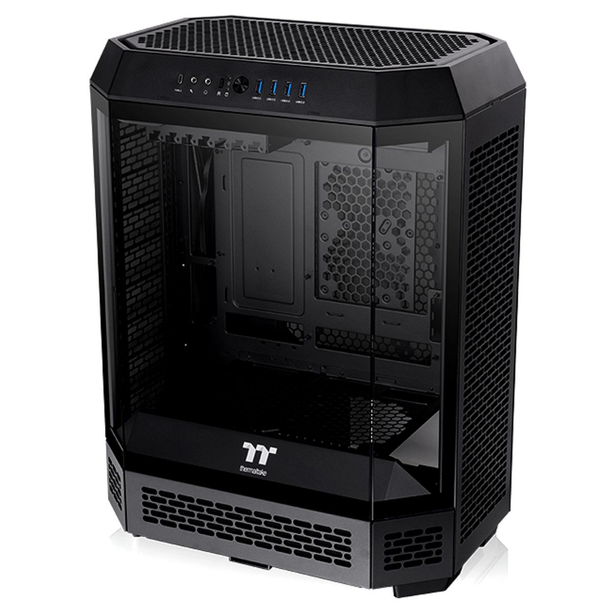 Thermaltake The Tower 600 вид спереди — закалённое стекло, вентиляционные отверстия, панель с портами