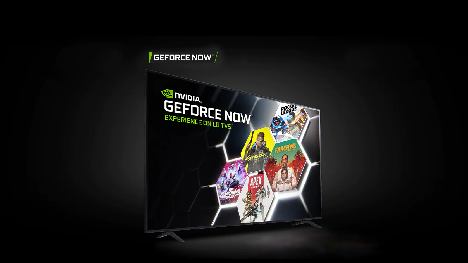 Изображение, демонстрирующее GFORCE NOW на телевизорах LG UHD, на которых демонстрируются шоу и игры.
