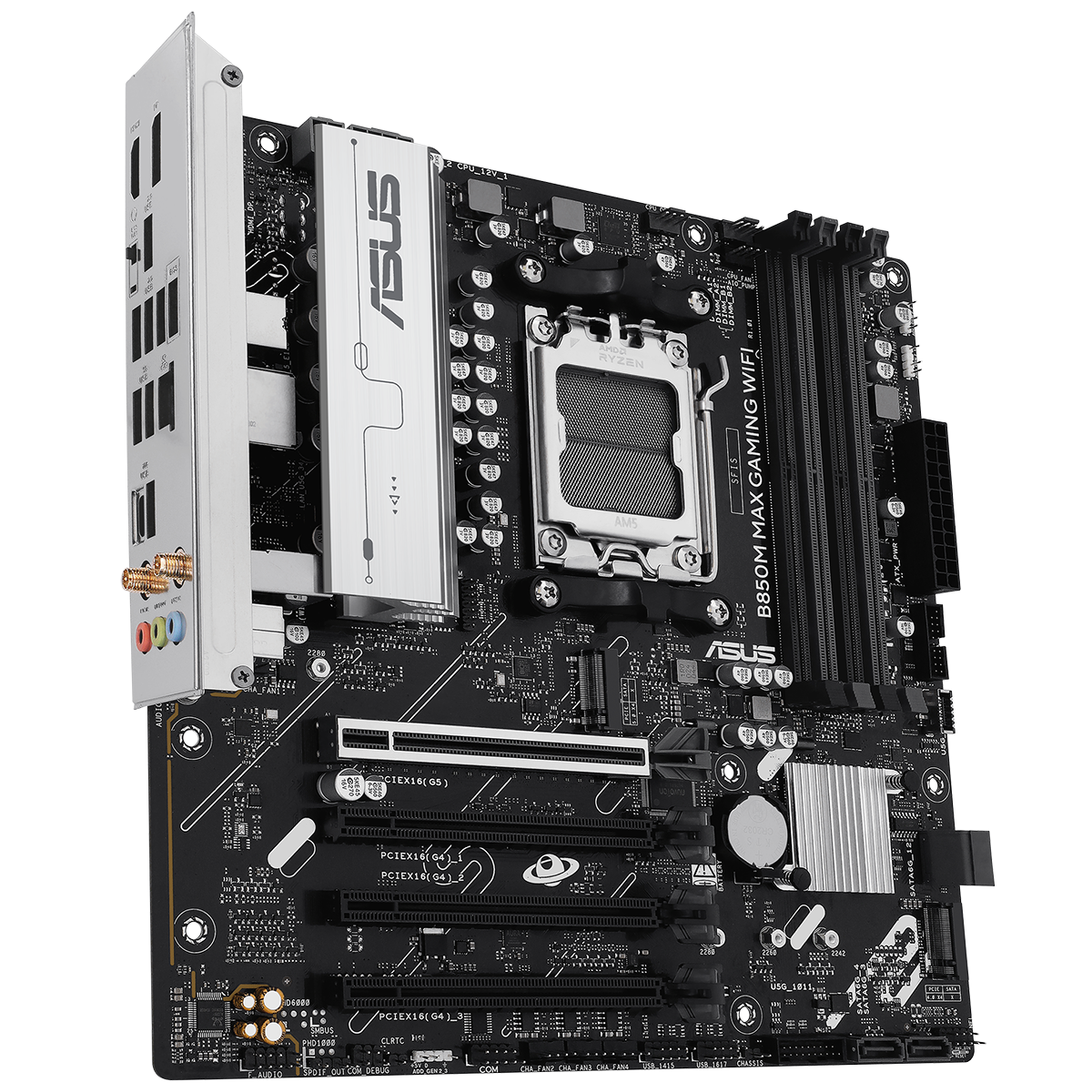 ASUS B850M MAX Gaming WiFi общий вид платы mATX AM5 компоновка элементов