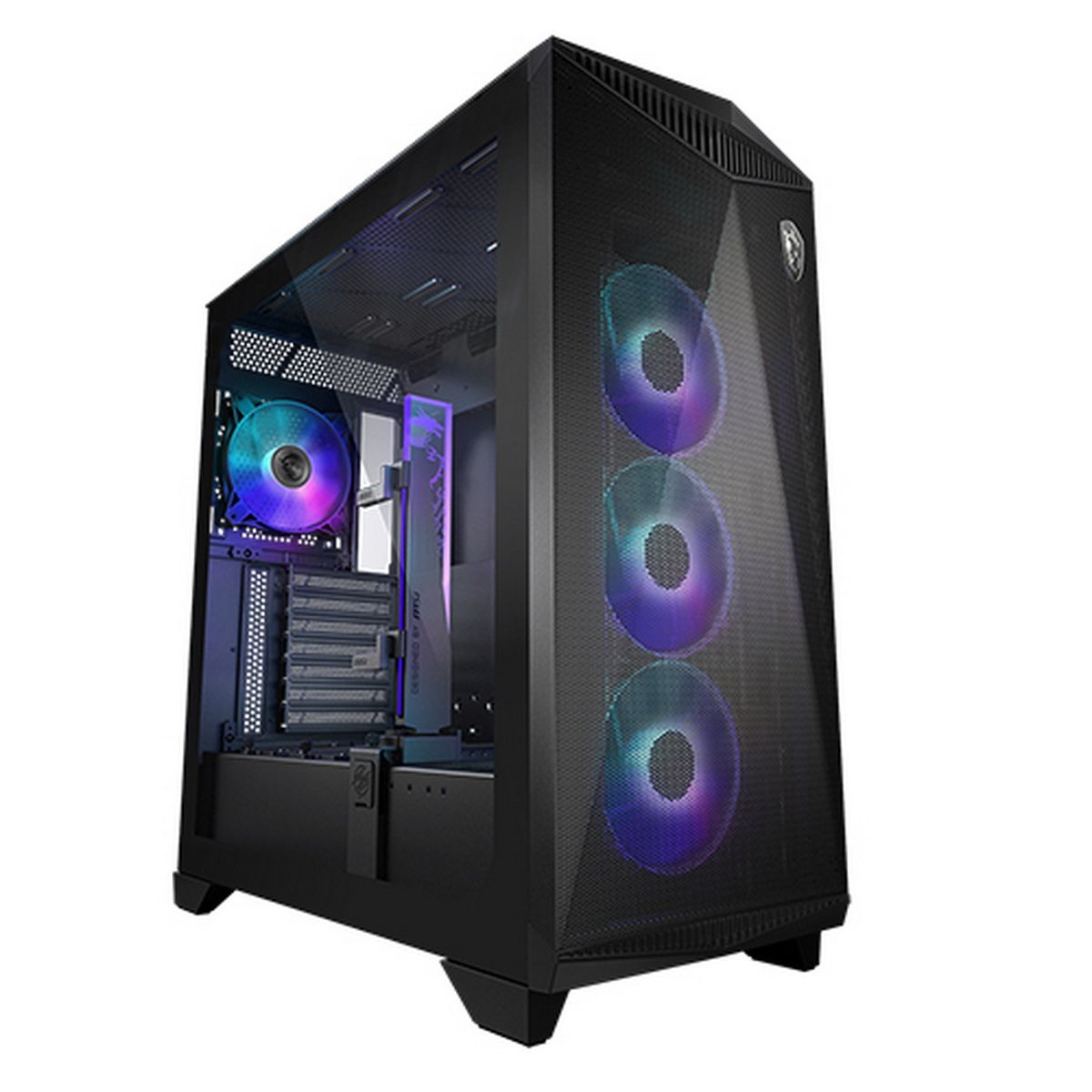 MSI MPG GUNGNIR 300R AIRFLOW вид спереди с прозрачной боковой панелью и четырьмя ARGB вентиляторами
