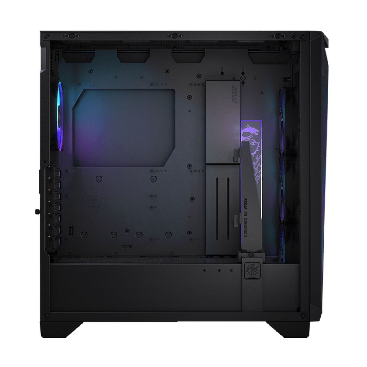 MSI MPG GUNGNIR 300R AIRFLOW внутреннее пространство со снятой боковой панелью и ARGB вентиляторами