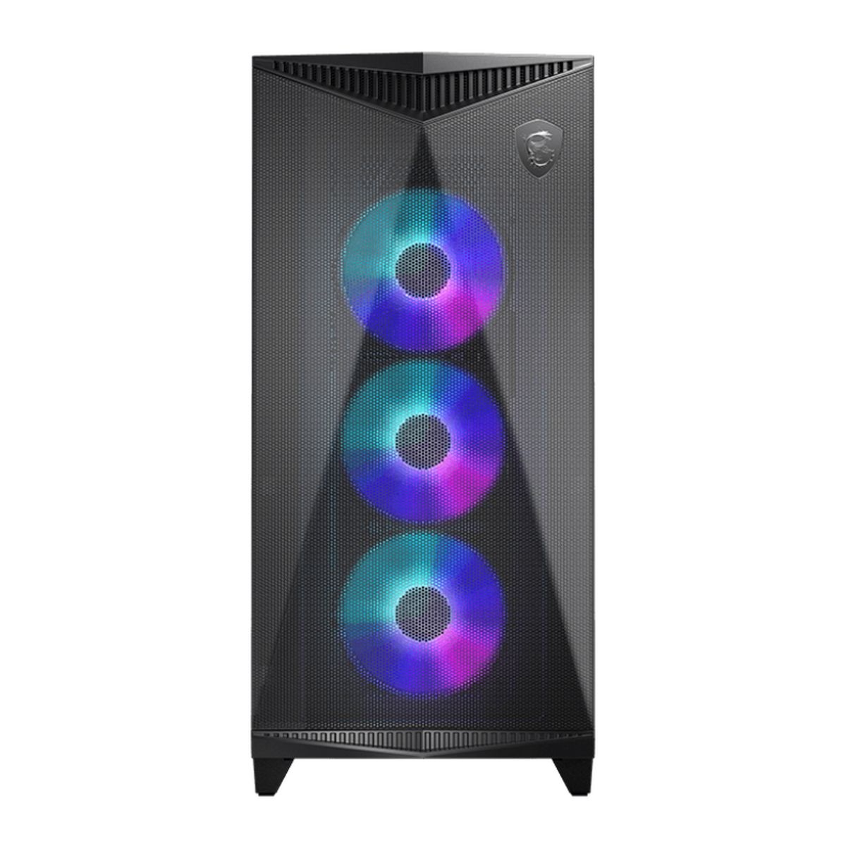 MSI MPG GUNGNIR 300R AIRFLOW вид спереди с сетчатой панелью и тремя ARGB вентиляторами