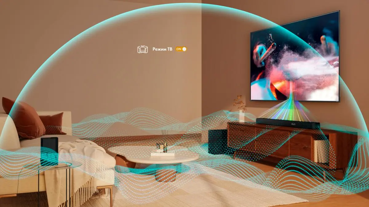 Hisense HS5100 в интерьере гостиной с настенным телевизором и пространственным звуком