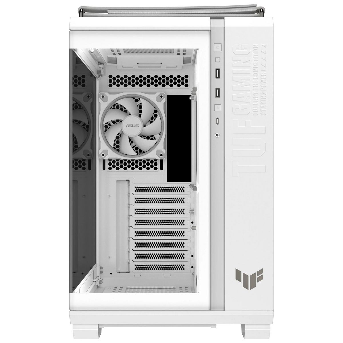 ASUS TUF Gaming GT502 Horizon ARGB внутреннее пространство левая панель отсеки накопителей верхний вентилятор