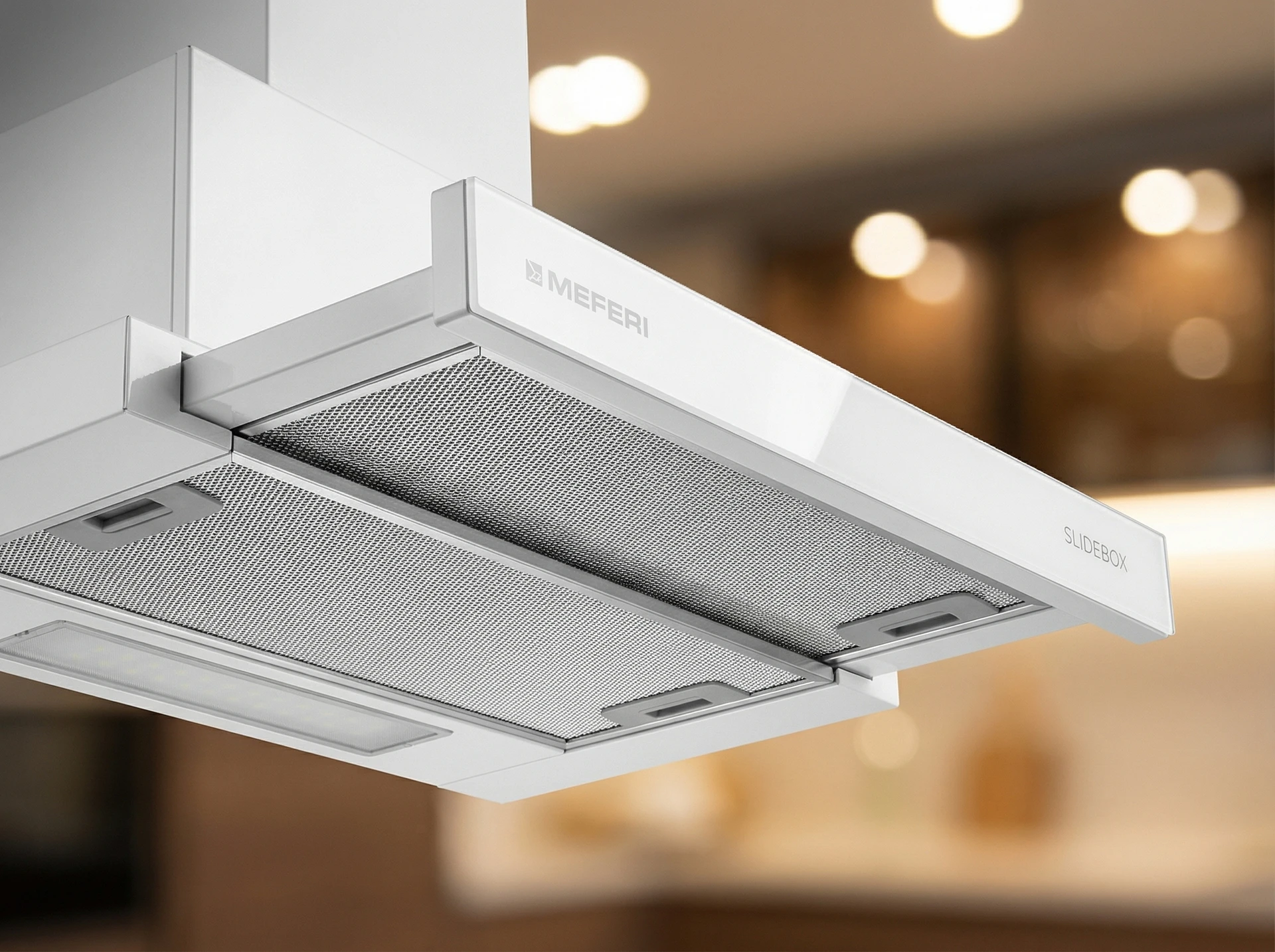 Meferi Light SlideBox60WH встраиваемая вытяжка в кухонном интерьере — скрытый монтаж в шкаф