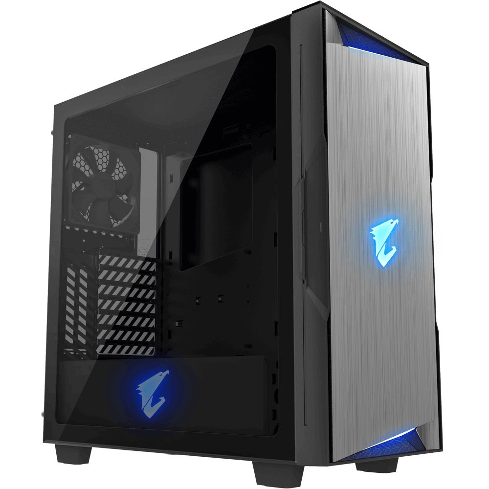 GIGABYTE AORUS C300 Glass вид сбоку закалённое стекло синяя RGB-подсветка вентиляционные отверстия