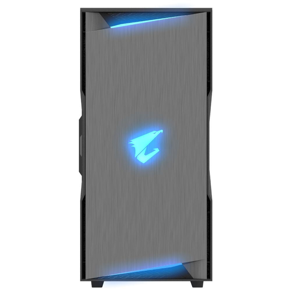 GIGABYTE AORUS C300 Glass вид спереди матовая панель синяя RGB-подсветка логотип AORUS