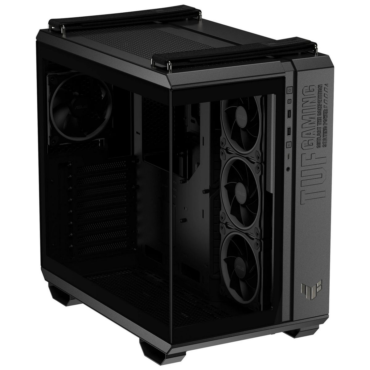 ASUS TUF Gaming GT502 Horizon ARGB вид под углом — тройная система охлаждения, подъёмная верхняя крышка