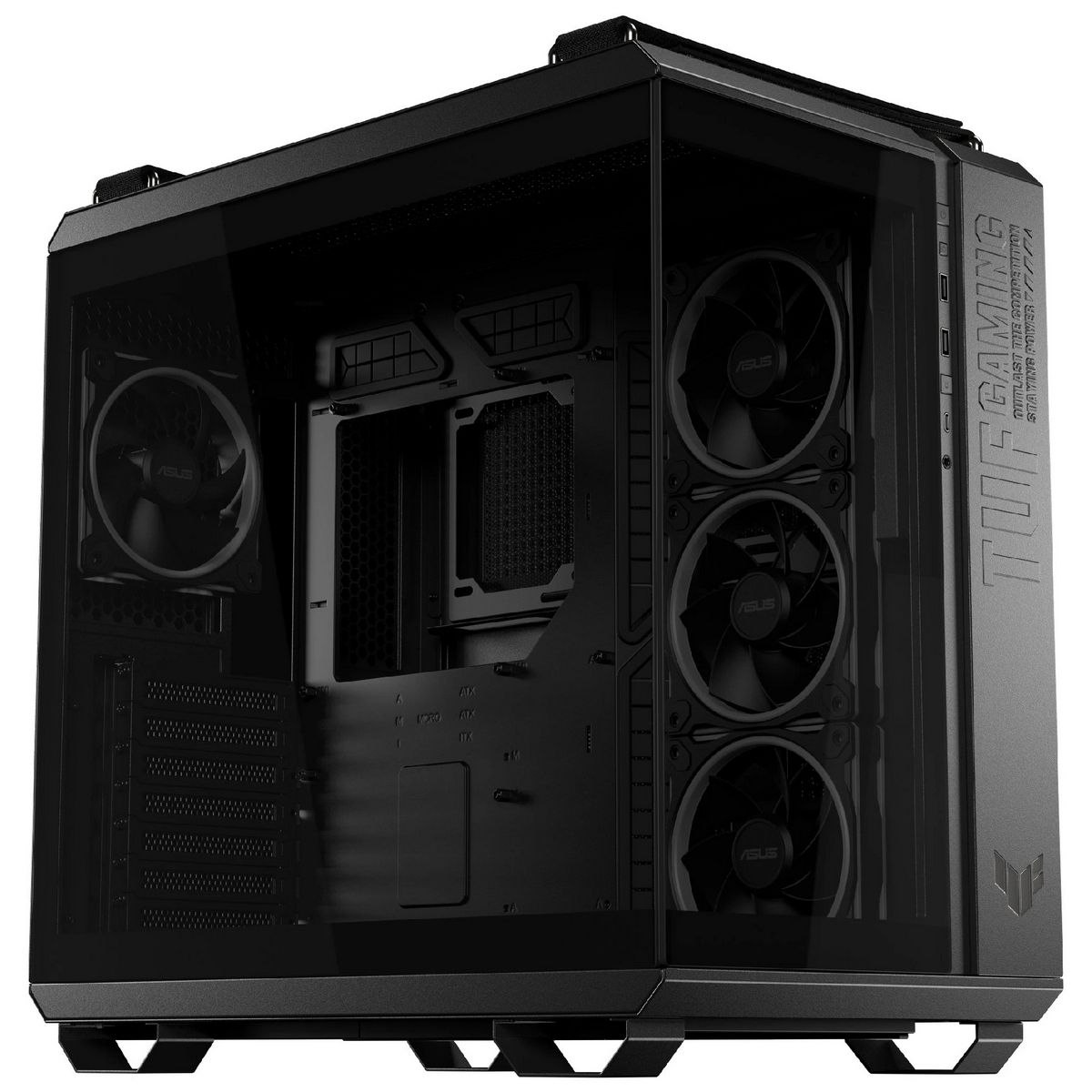 ASUS TUF Gaming GT502 Horizon ARGB открытая левая панель — отсек видеокарты, три боковых вентилятора, кабельный менеджмент