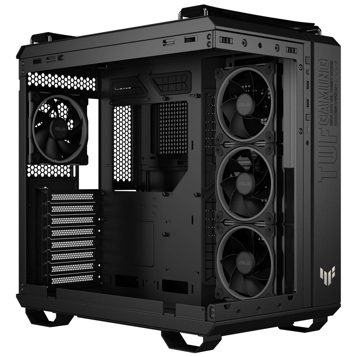 ASUS TUF Gaming GT502 Horizon ARGB боковой профиль с открытой панелью — передний вентилятор, верхние разъёмы, отсеки накопителей