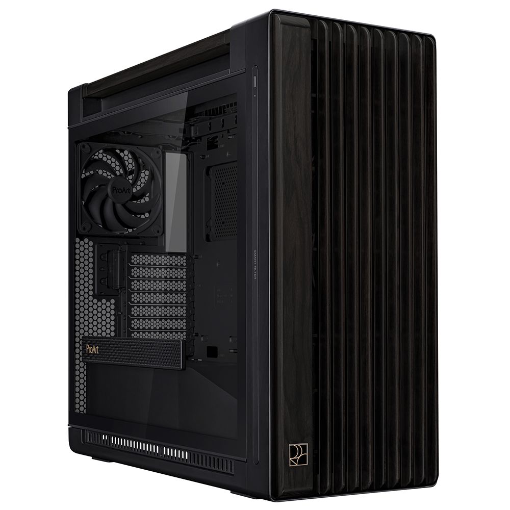 ASUS ProArt PA602 вид сбоку — боковая панель из закалённого стекла и внутренние компоненты