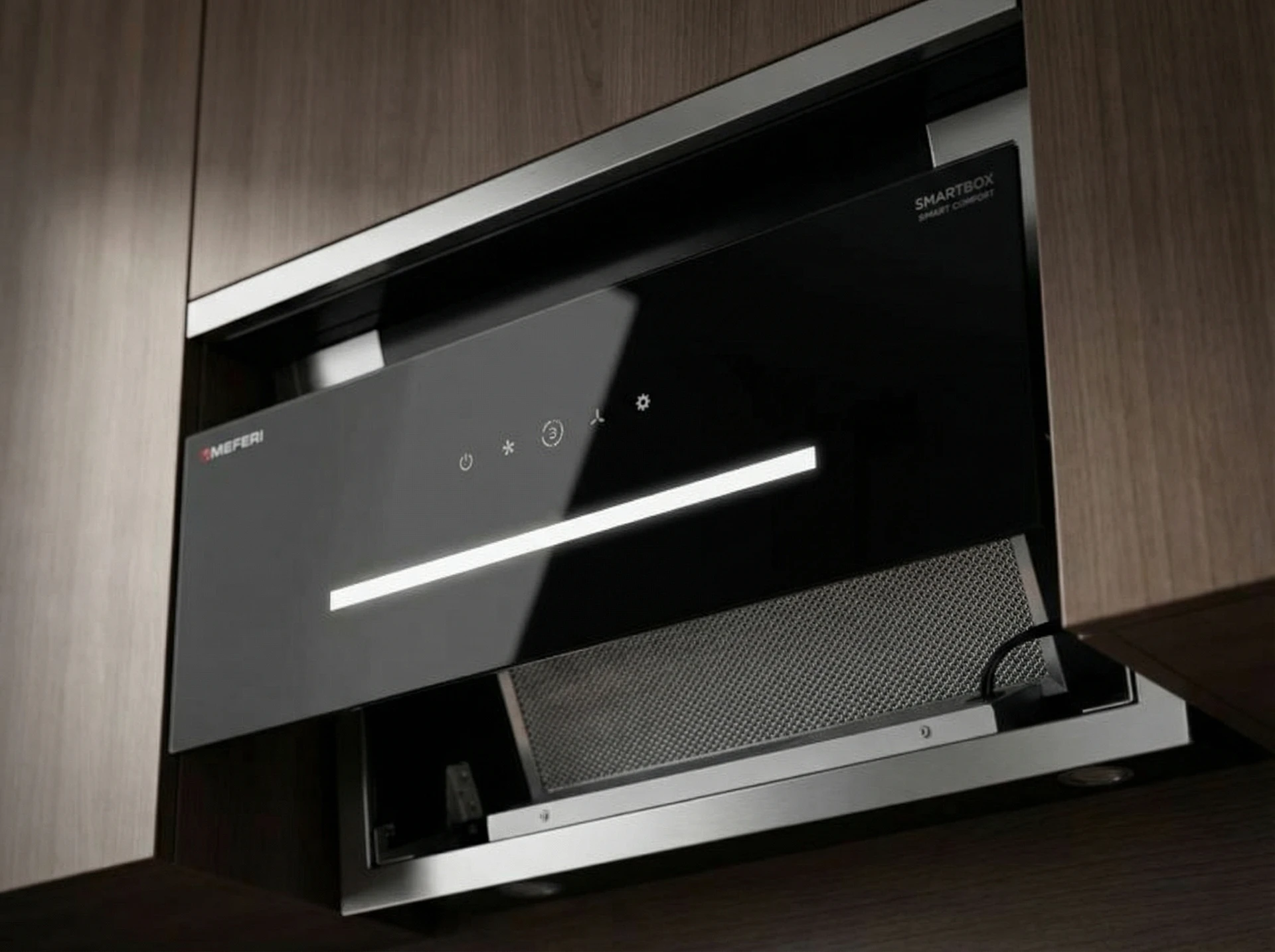Meferi Smartbox Glass Comfort 60BK в интерьере кухни &mdash; скрытая встройка в гарнитур, аккуратный вид