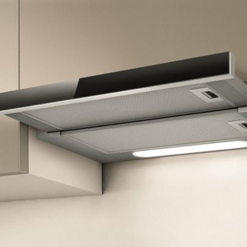 Elica Elite 14 Lux GRVT/A/90 встраиваемая вытяжка — серебристый корпус с чёрной панелью, вид спереди и сбоку