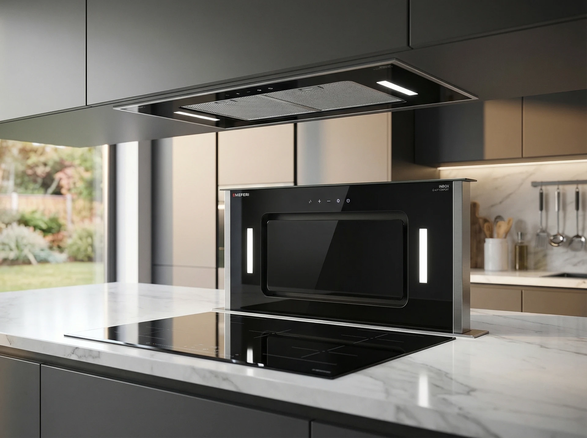 Встраиваемая вытяжка Meferi Inbox glass comfort 60bk черный - фото в интерьере