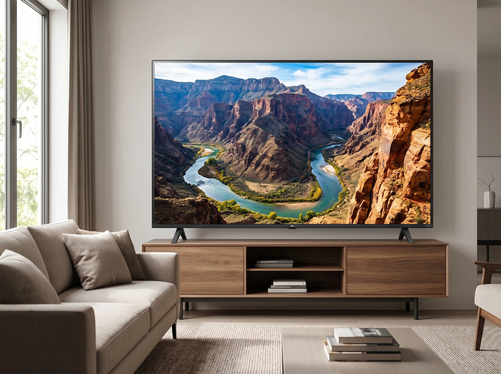 LG 85NU900B6LA в интерьере гостиной — масштаб 85-дюймовой панели на стене