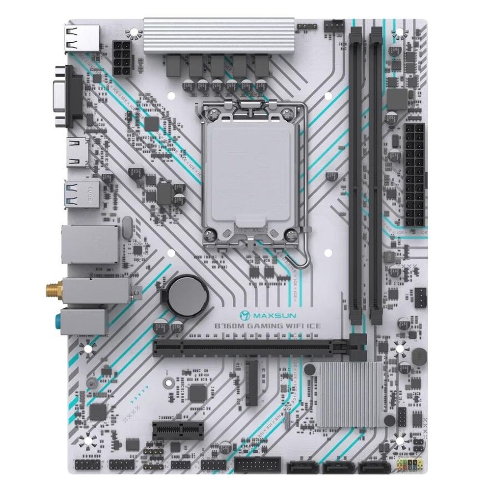 Maxsun MS-B760M Gaming Wifi Ice вид сверху — сокет LGA1700, слоты памяти DDR4, разъёмы питания