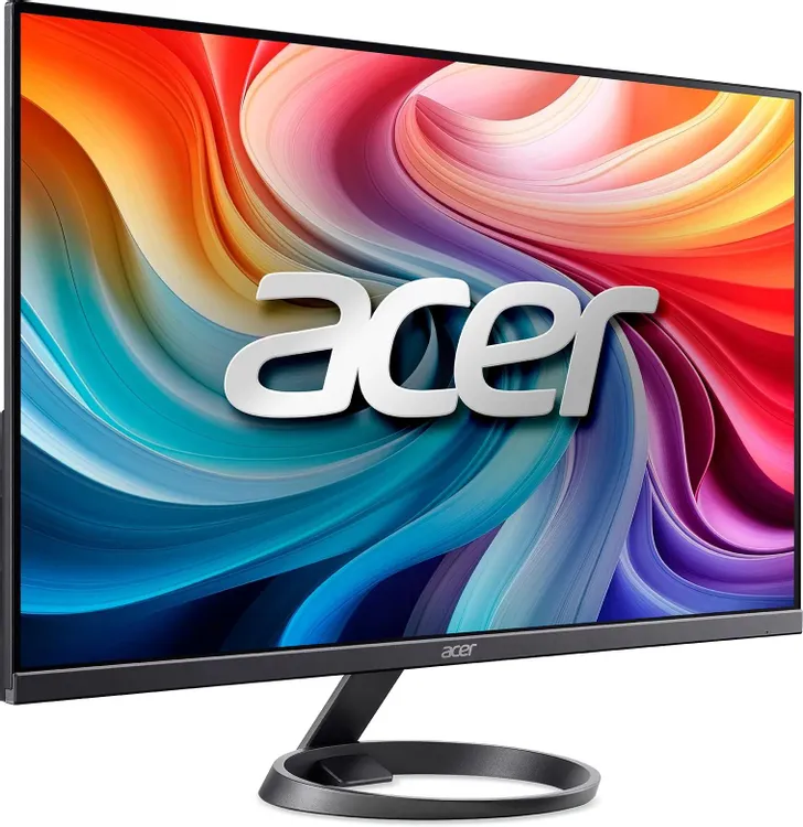 Acer R272G0yi вид спереди под углом с яркой демонстрационной заставкой на экране