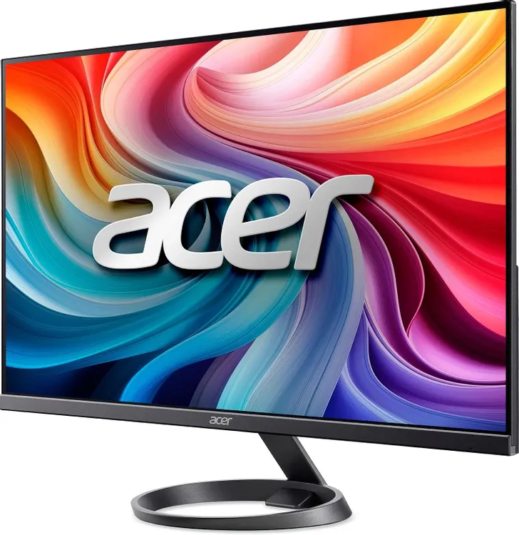 Acer R272G0yi вид сбоку — тонкий профиль корпуса и круглая подставка монитора