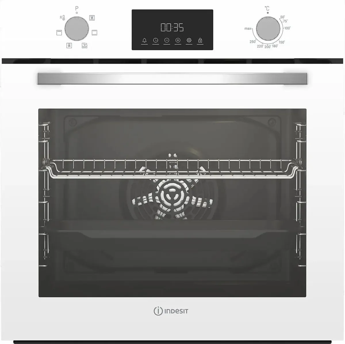 Indesit IFE 3644 J WH белый встраиваемый духовой шкаф вид спереди с открытой дверцей и панелью управления