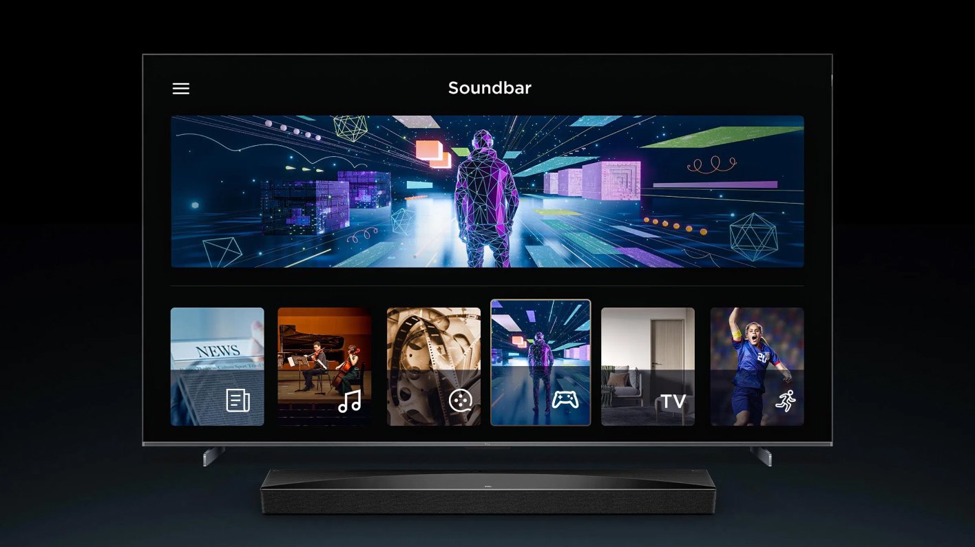 TCL Q75H — интерфейс управления через Smart TV с меню саундбара и приложениями