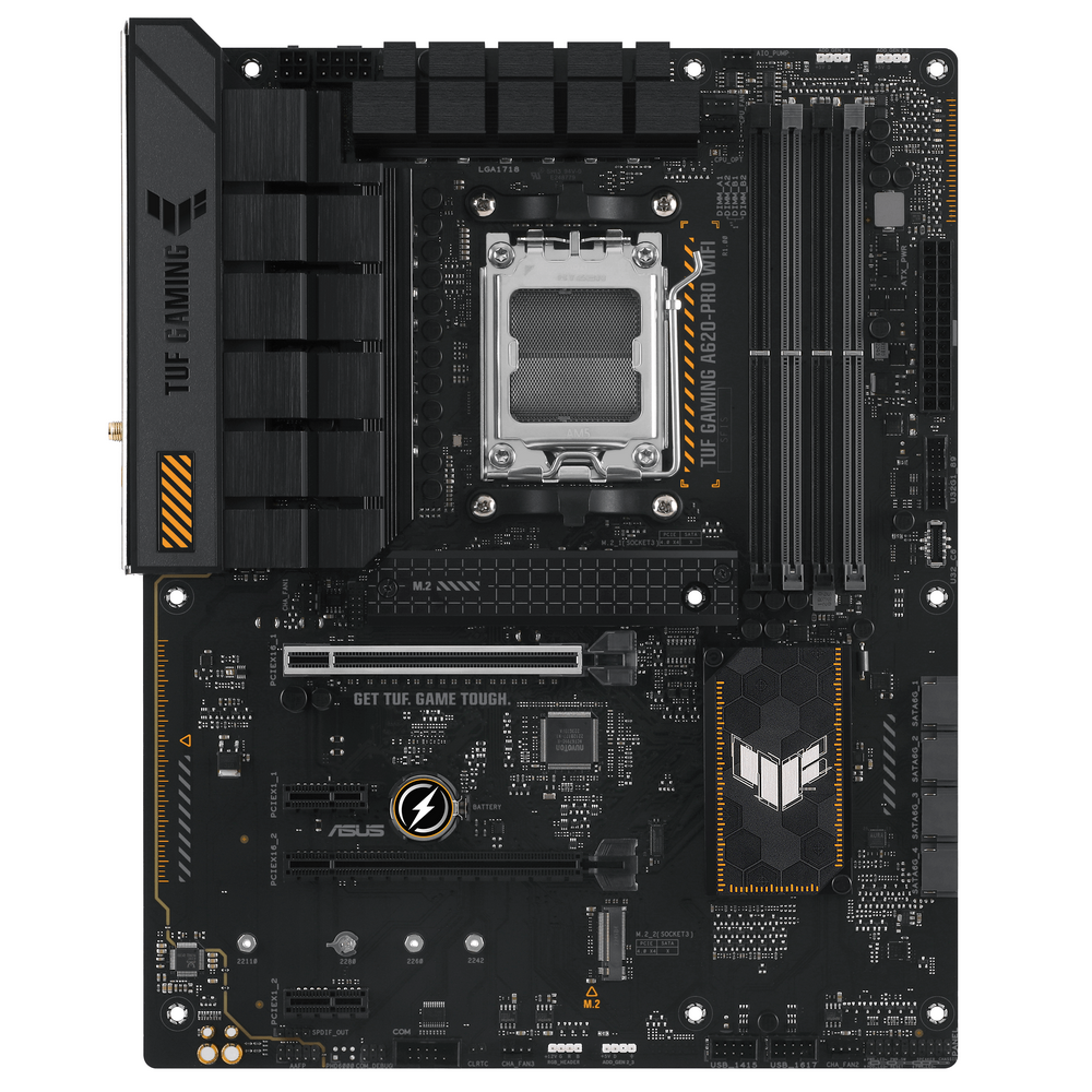 ASUS TUF Gaming A620-Pro WiFi вид сверху — разъёмы M.2, слоты DDR5, зона VRM и радиаторы
