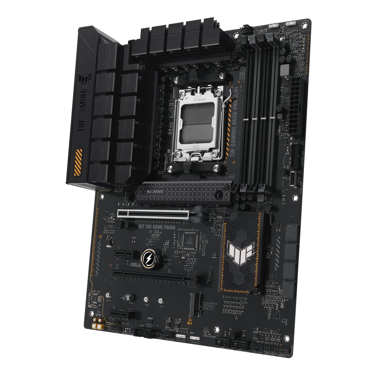 ASUS TUF Gaming A620-Pro WiFi вид под углом — сокет AM5, слоты DDR5, зона VRM с радиаторами