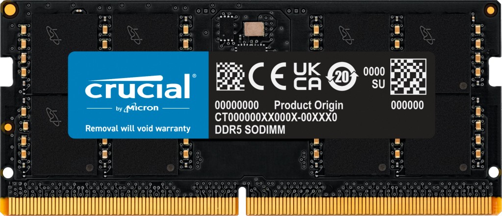 Crucial CT32G56C46S5 DDR5 SODIMM 32 ГБ — модуль памяти вид сверху, золотые контакты