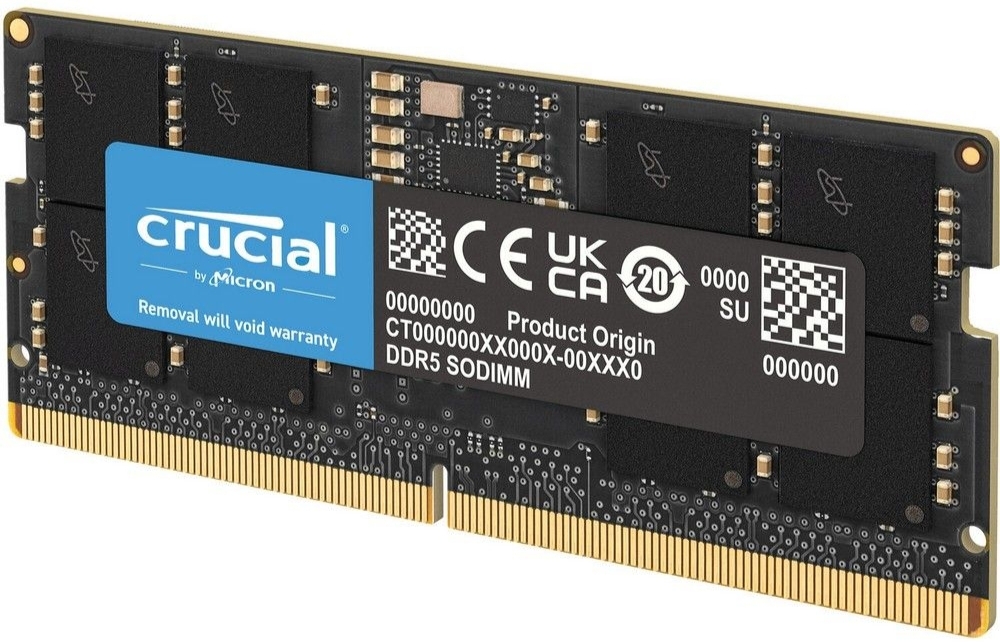 Crucial CT32G56C46S5 DDR5 SODIMM 32 ГБ — вид под углом, золотые контакты 262-пин