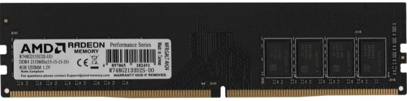 AMD Radeon R7 Performance DDR4 R748G2133U2S-UO вид спереди с этикеткой характеристик и золотыми контактами