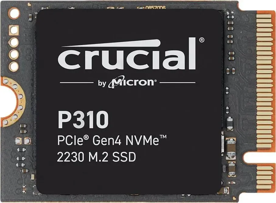 Crucial P310 2TB вид сверху электронные компоненты контакты разъём M.2 логотип Crucial by Micron