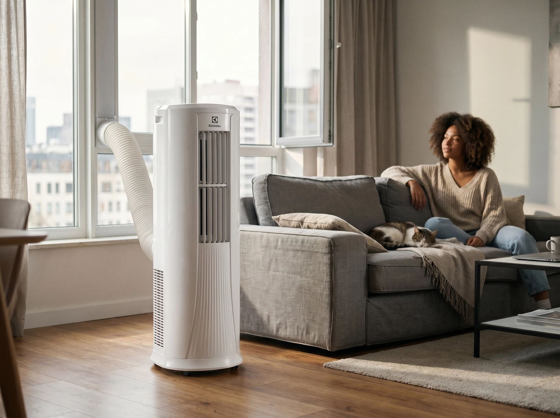 Electrolux EACM-16 NB/N6_V2 мобильный кондиционер в интерьере гостиной — вид спереди