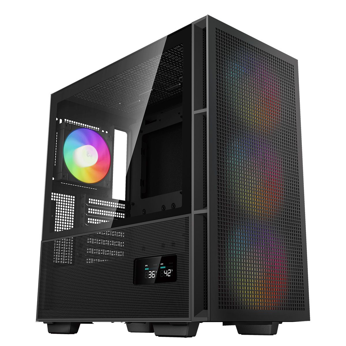 DeepCool CH560 Digital вид спереди — сетчатая панель, ARGB вентилятор, LCD дисплей