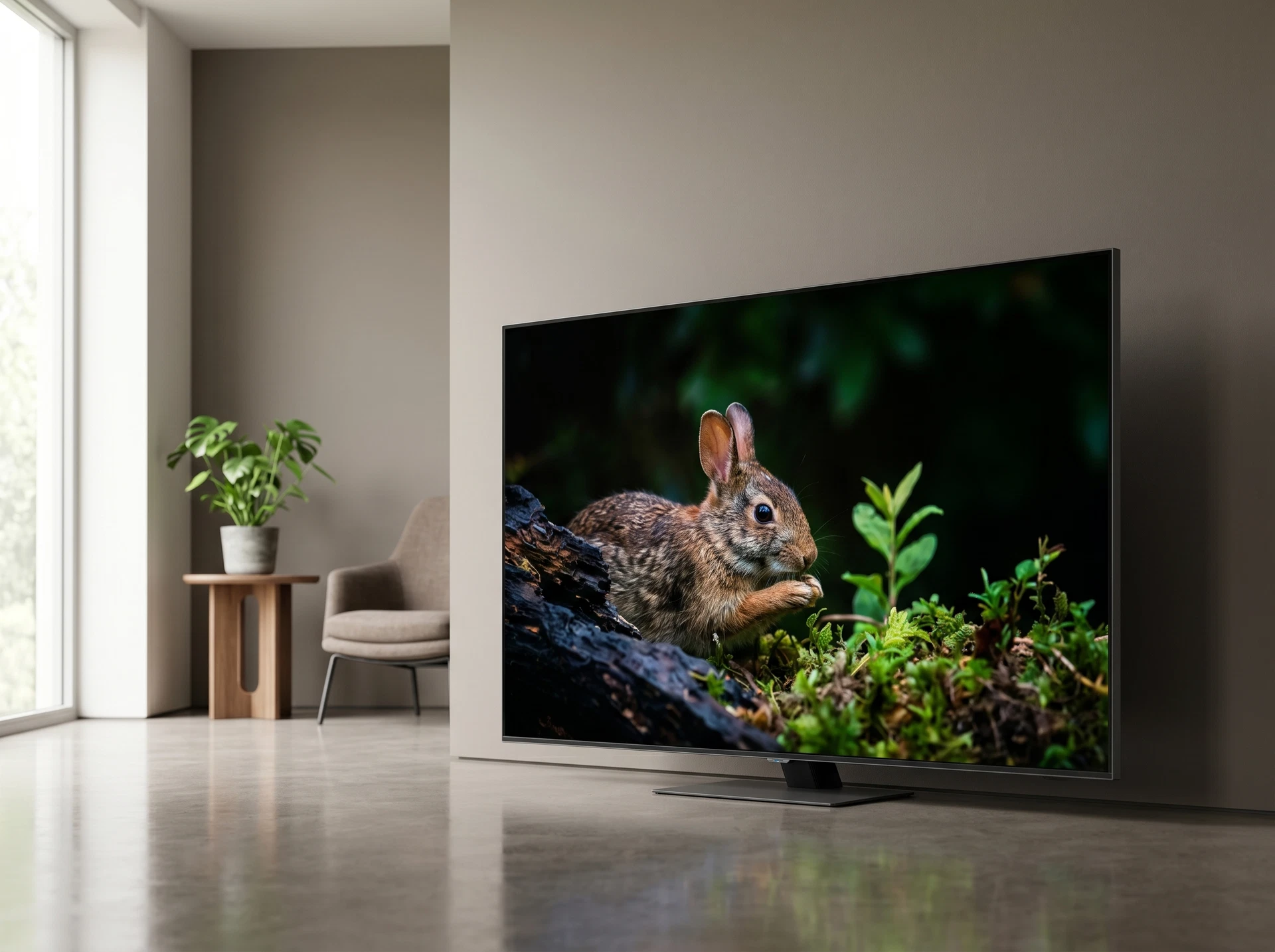 Samsung QE85QN80H 85 дюймов Neo QLED в интерьере гостиной — вид на стене