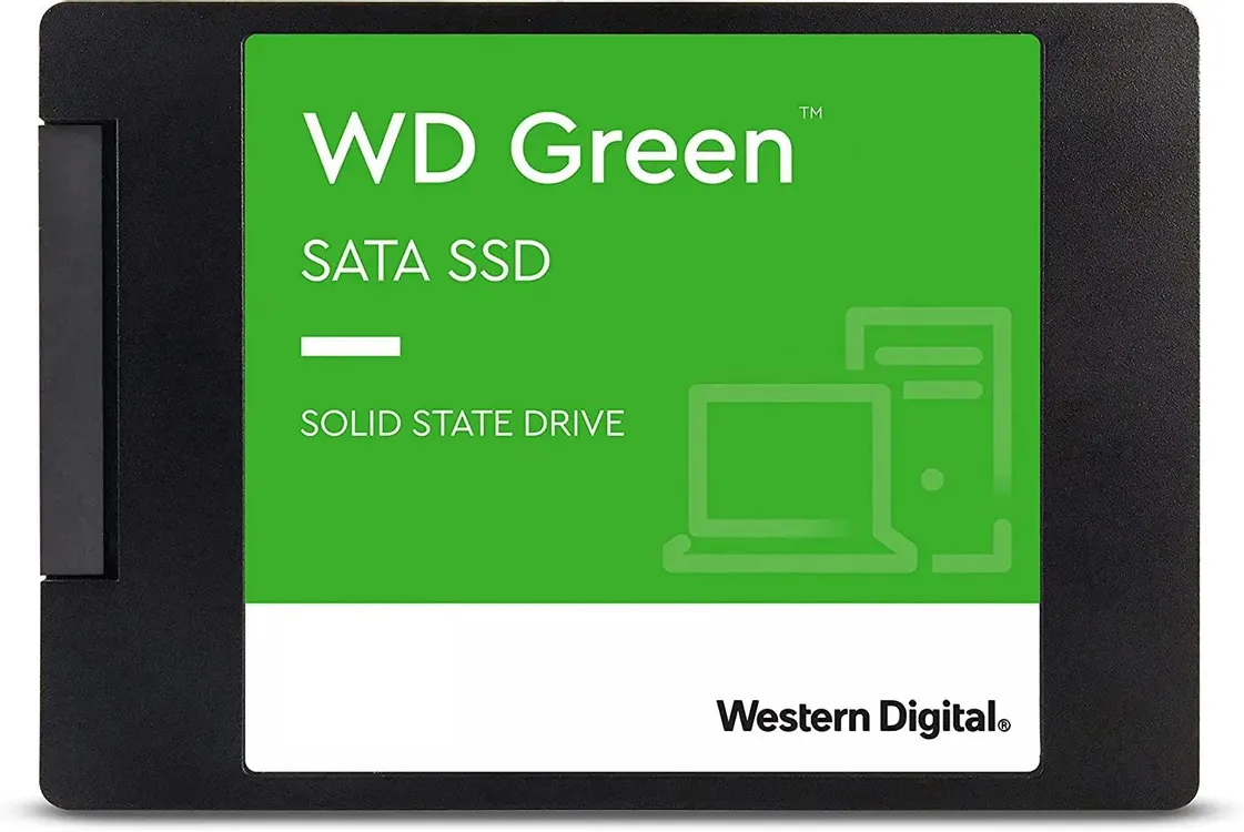 Western Digital WD Green WDS100T3G0A 1 ТБ 2.5 SATA вид спереди чёрный корпус зелёная панель