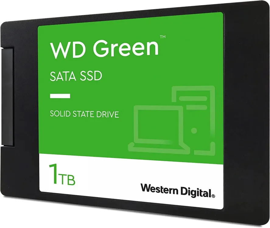 Western Digital WD Green 1TB WDS100T3G0A зелёная лицевая панель с указанием объёма памяти вид под углом