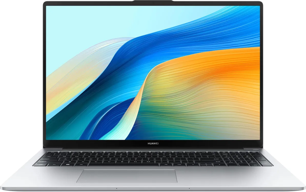 Huawei MateBook D16 вид спереди — экран с ярким контентом и алюминиевый корпус