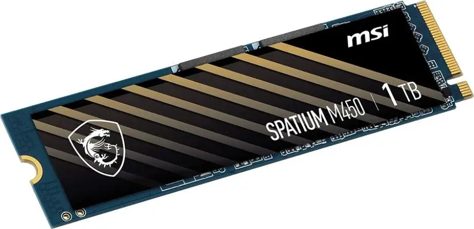 MSI SPATIUM M450 1TB вид сверху под углом — дизайн в чёрно-золотую полоску, разъём M.2 и логотип MSI
