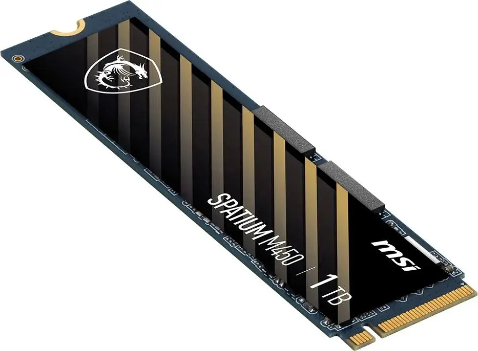 MSI SPATIUM M450 1TB боковой профиль с золотистыми рёбрами, надпись SPATIUM M450 1TB