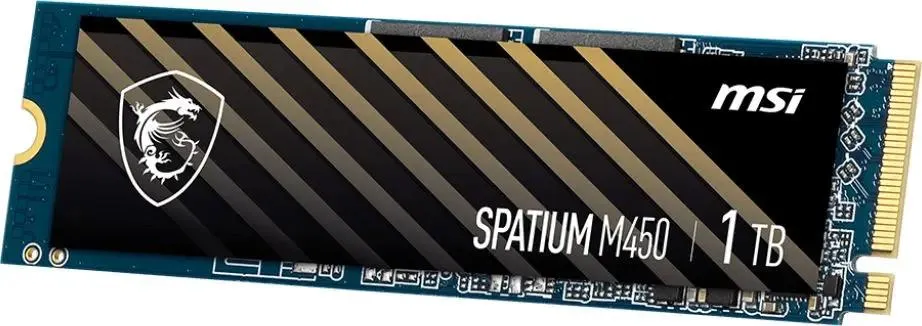 MSI SPATIUM M450 1TB контакты разъёма M.2 — диагональные полоски, фронтальная часть накопителя