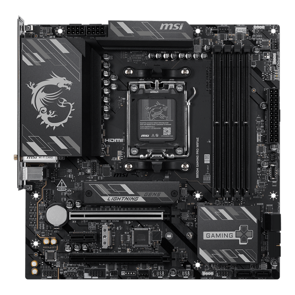 MSI B850M Gaming Pro WiFi6E вид сверху — сокет AM5, слоты DDR5, радиаторы, разъёмы питания