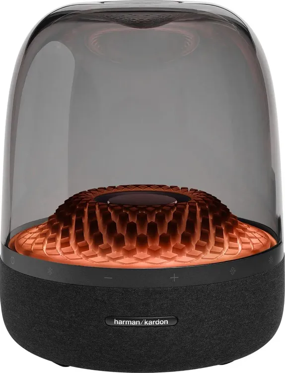 Harman Kardon Aura Studio 4 вид спереди с оранжевой подсветкой внутри купола
