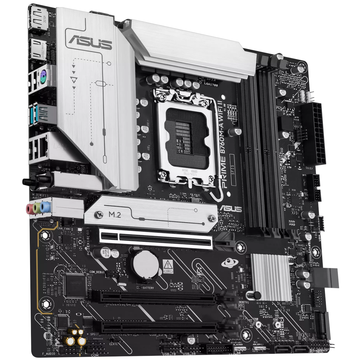 ASUS Prime B760M-A WiFi II разъёмы питания процессора M.2 слот и охлаждение VRM крупным планом