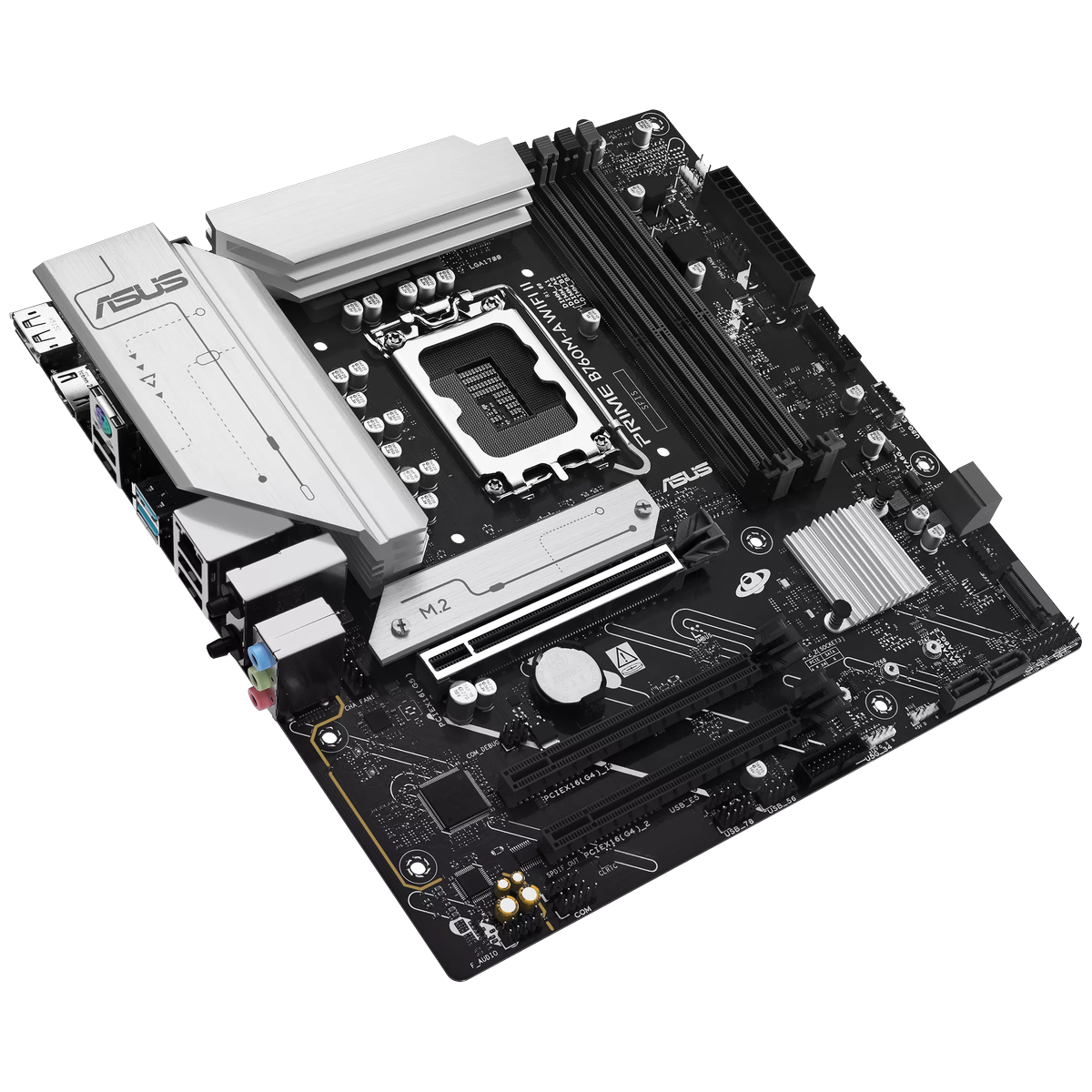 ASUS Prime B760M-A WiFi II слоты расширения PCB USB аудио порты и батарейка CMOS вид спереди