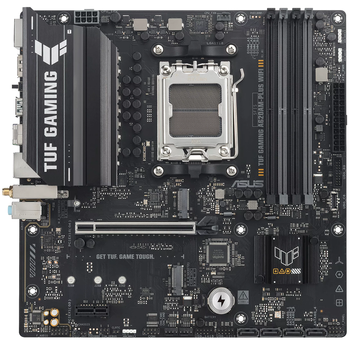 ASUS TUF Gaming A620AM-Plus WiFi вид сверху сокет AM5 слоты DDR5 разъёмы питания