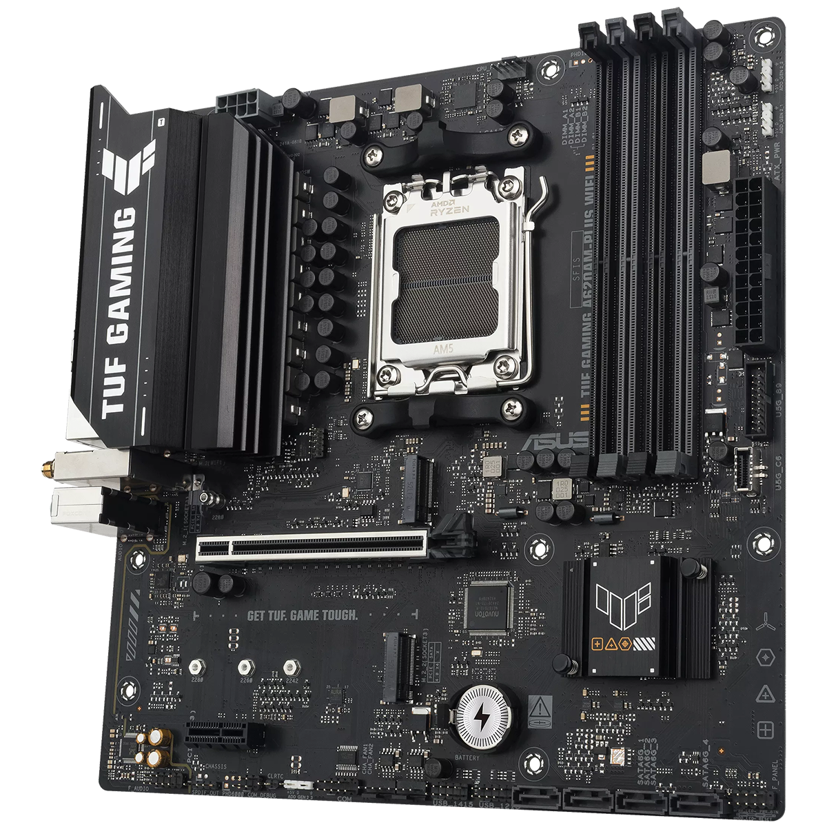 ASUS TUF Gaming A620AM-Plus WiFi боковой вид с кулером слоты расширения порты подключения