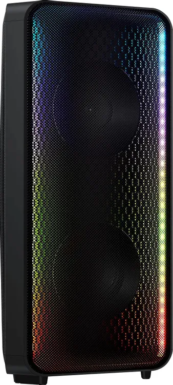 Samsung Sound Tower MX-ST40B фронтальный вид с RGB-подсветкой — голубая, фиолетовая, жёлтая, красная зоны
