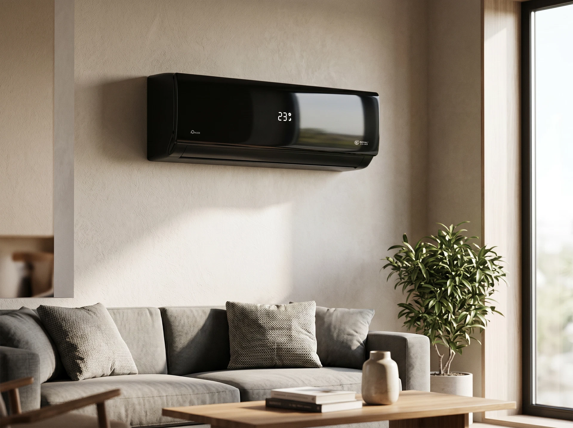 Royal Clima Attica Nero RC-AN35HN в интерьере — настенный монтаж, чёрный корпус в современной комнате